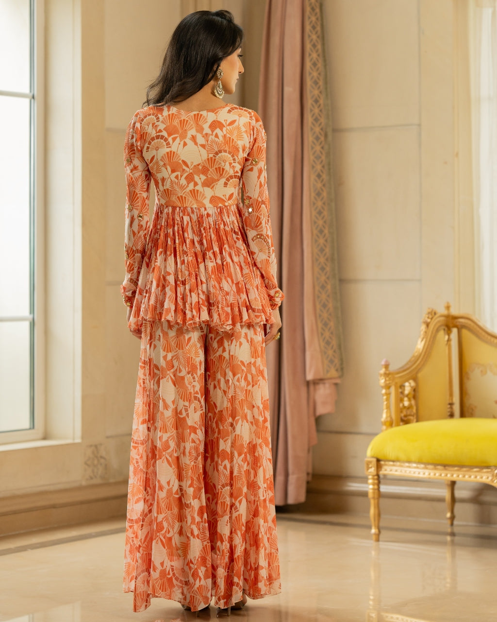 Orange Antique Embroidered Peplum Set