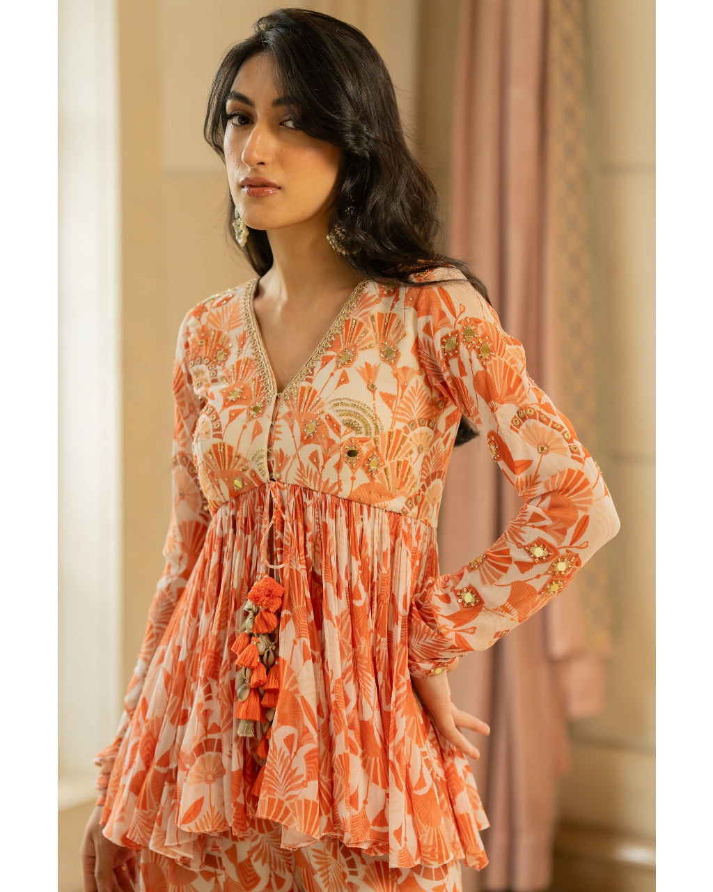 Orange Antique Embroidered Peplum Set