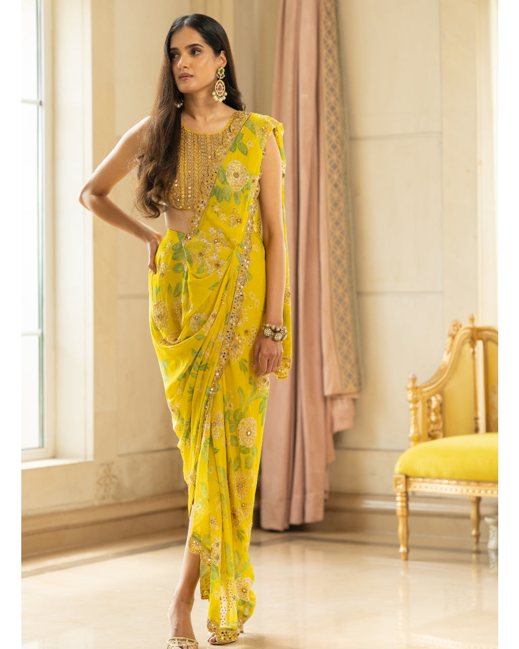 Lime Yellow Floral Printed Sari Set