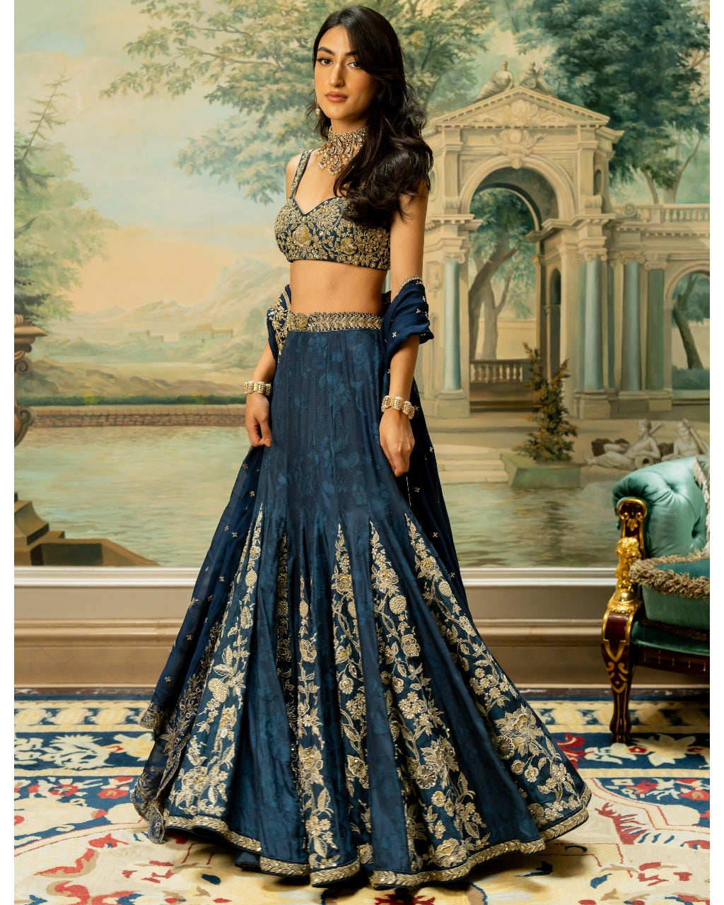 Blue Self Woven Kali Embroidered Lehenga Set