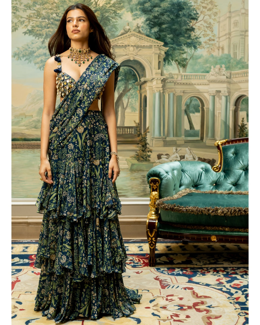 Navy Blue Printed Sari Set