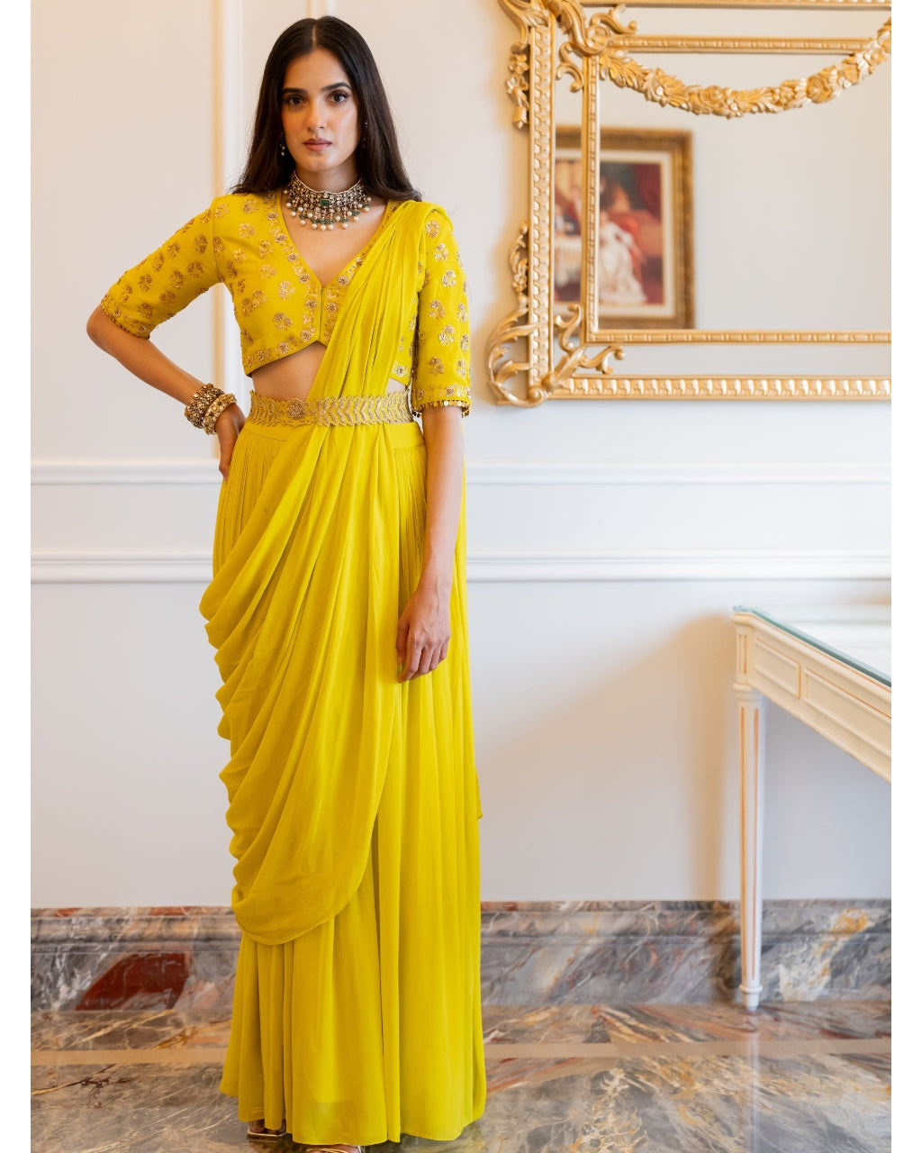Lime Yellow Antique Embroidered Sari Set