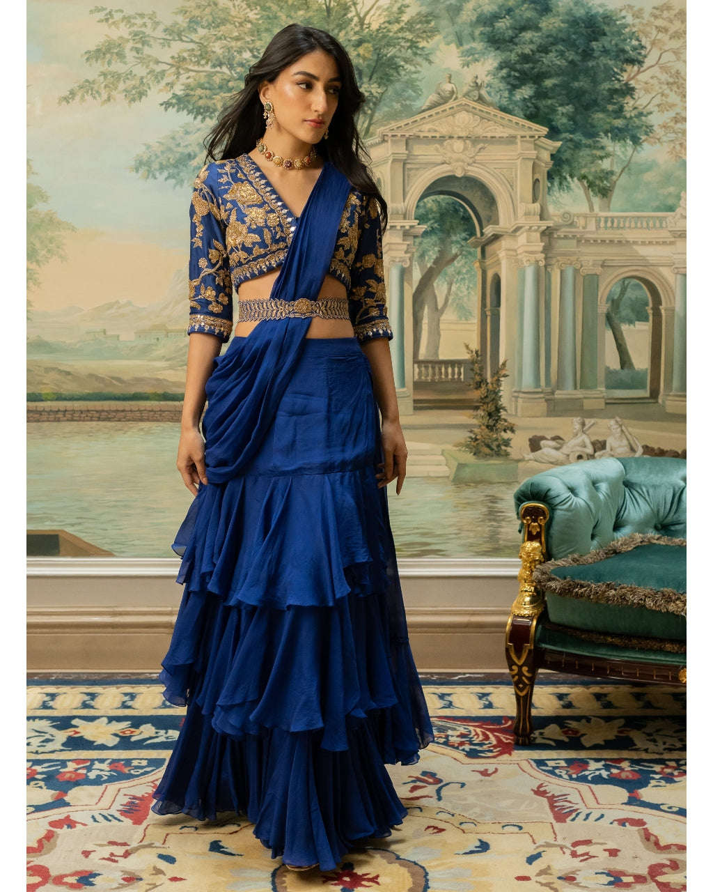 Electric Blue Layered Sari Set