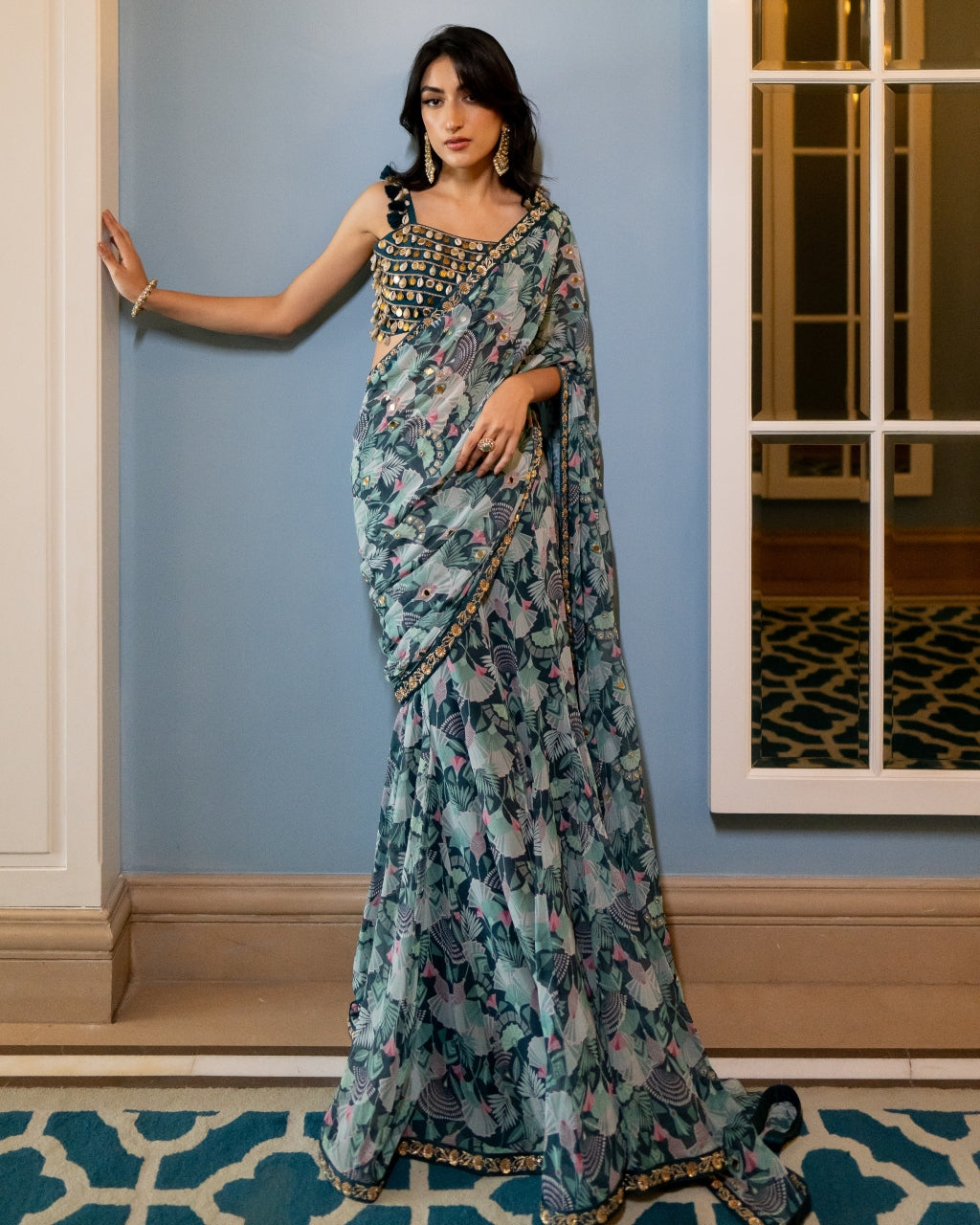 Geometric Floral Print Kowari Shell Blouse Sari Set