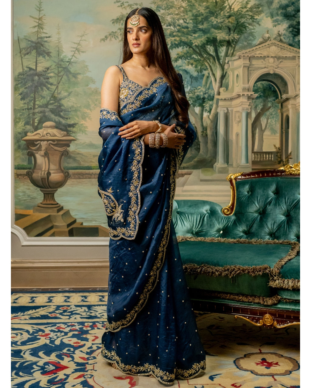 Deep Blue Embroidered Sari Set