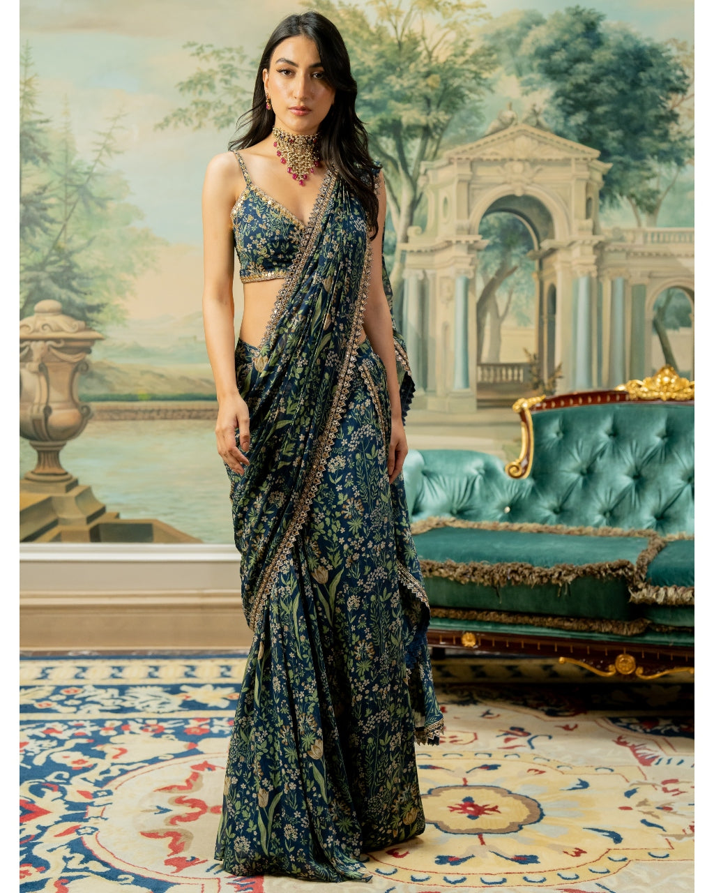 Navy Blue Printed Pre-Stitch Sari Set