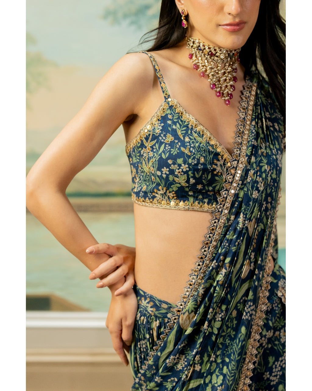 Navy Blue Printed Pre-Stitch Sari Set