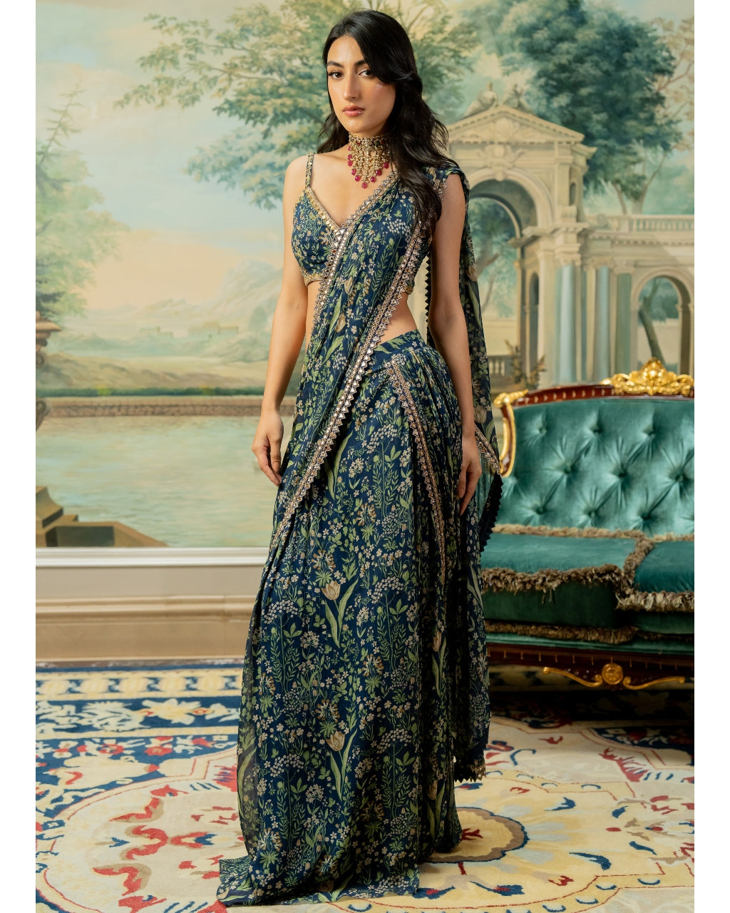 Navy Blue Printed Pre-Stitch Sari Set