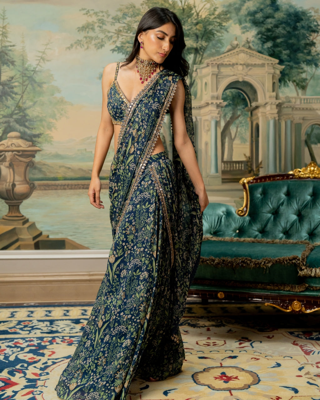 Navy Blue Printed Pre-Stitch Sari Set