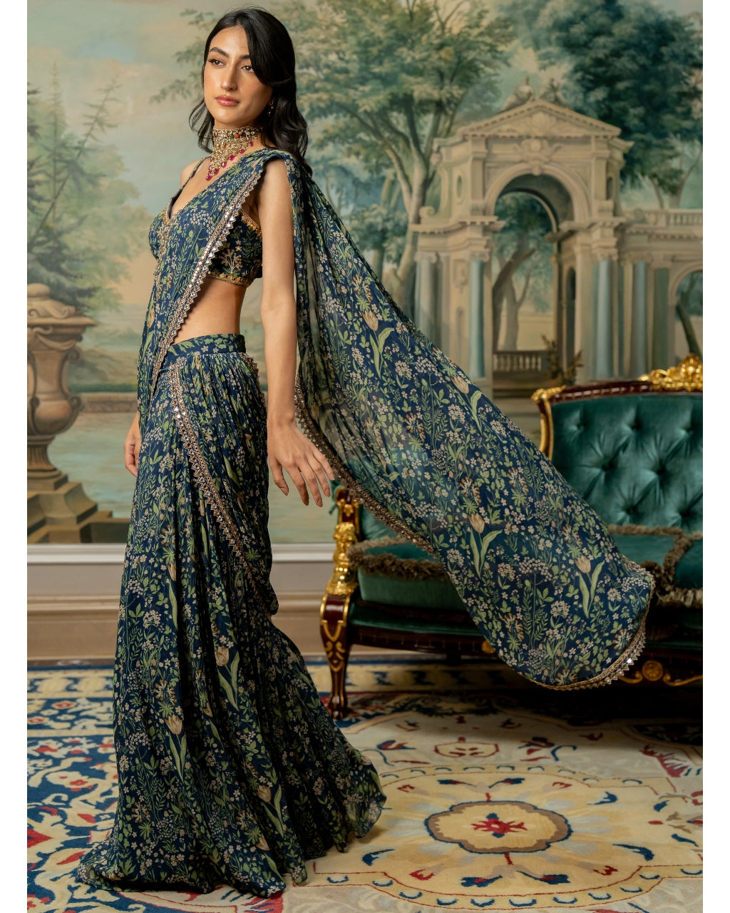 Navy Blue Printed Pre-Stitch Sari Set