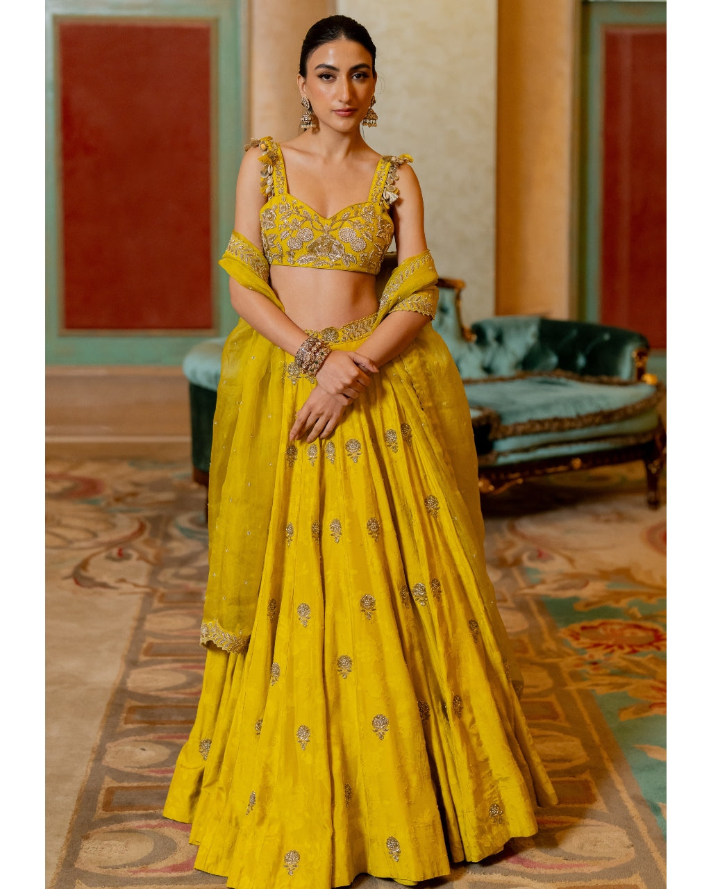 Lime Yellow Self Woven Jacquard Lehenga Set