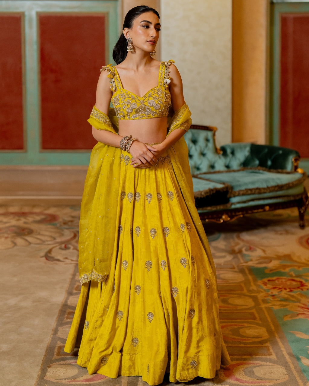 Lime Yellow Self Woven Jacquard Lehenga Set