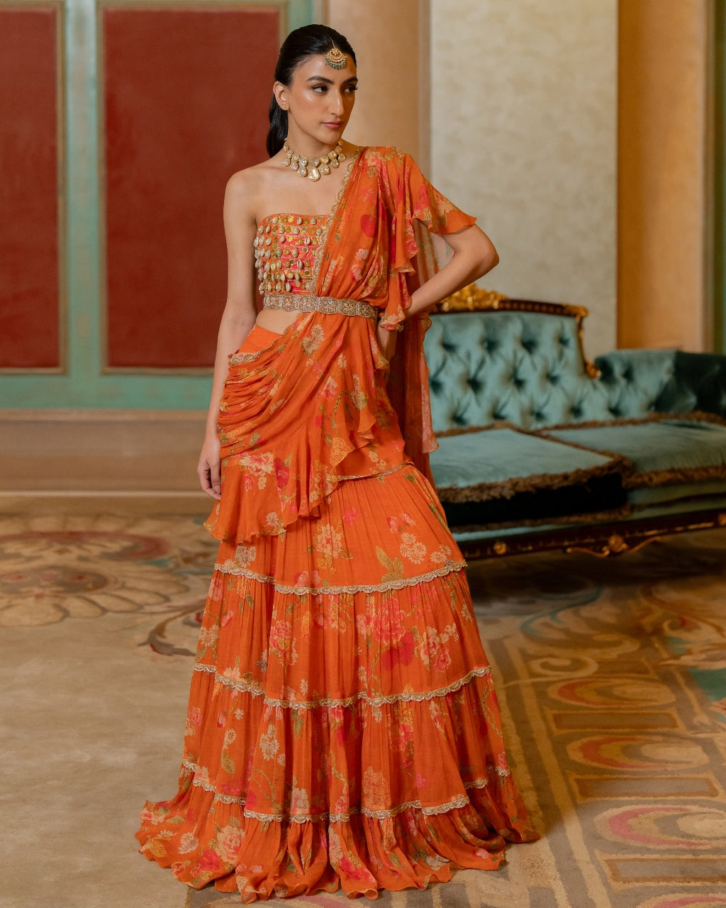 Rust Orange Floral Printed Chiffon Sari Set