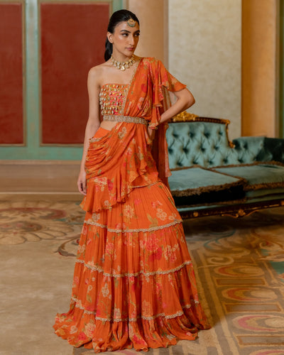 Rust Orange Floral Printed Chiffon Sari Set