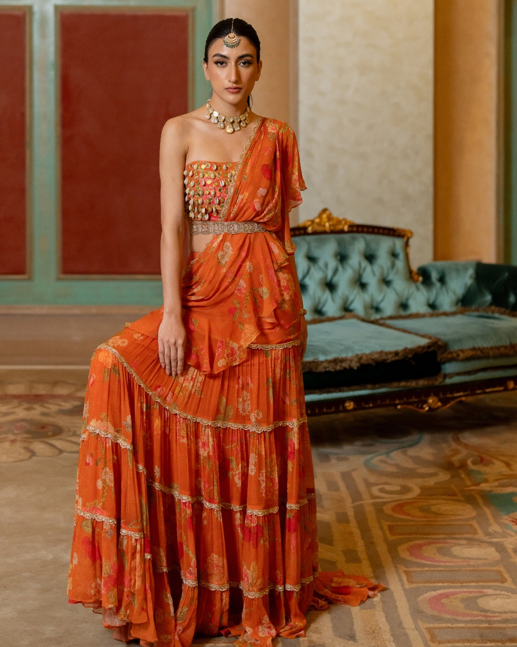 Rust Orange Floral Printed Chiffon Sari Set