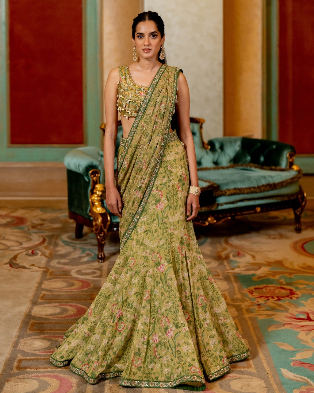 Sage Green Wild Floral Printed Sari Set