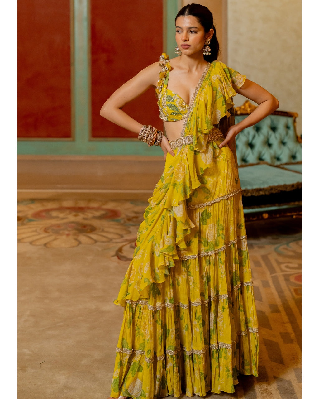 Lime Yellow Floral Printed Chiffon Sari Set