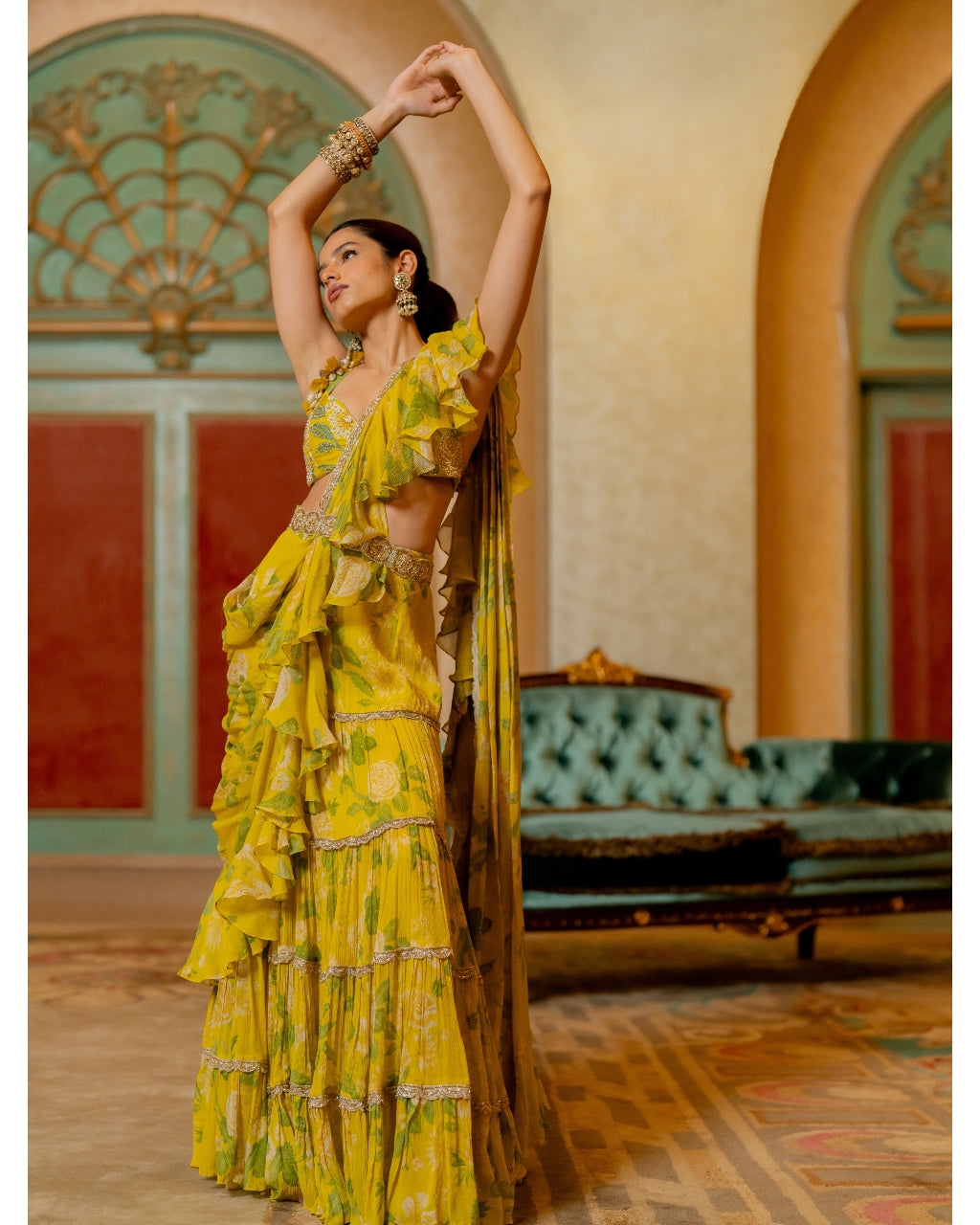 Lime Yellow Floral Printed Chiffon Sari Set