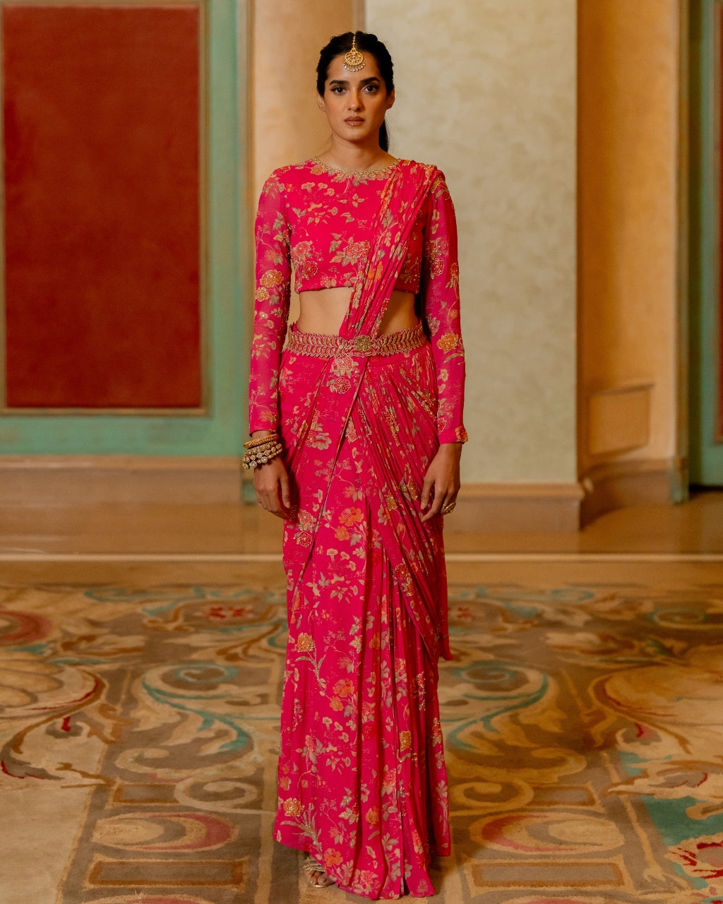 Pink Floral Printed Pre Draped Sari Set