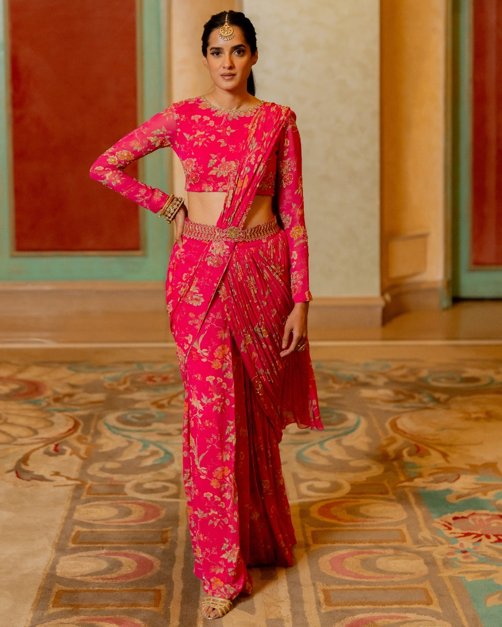 Pink Floral Printed Pre Draped Sari Set