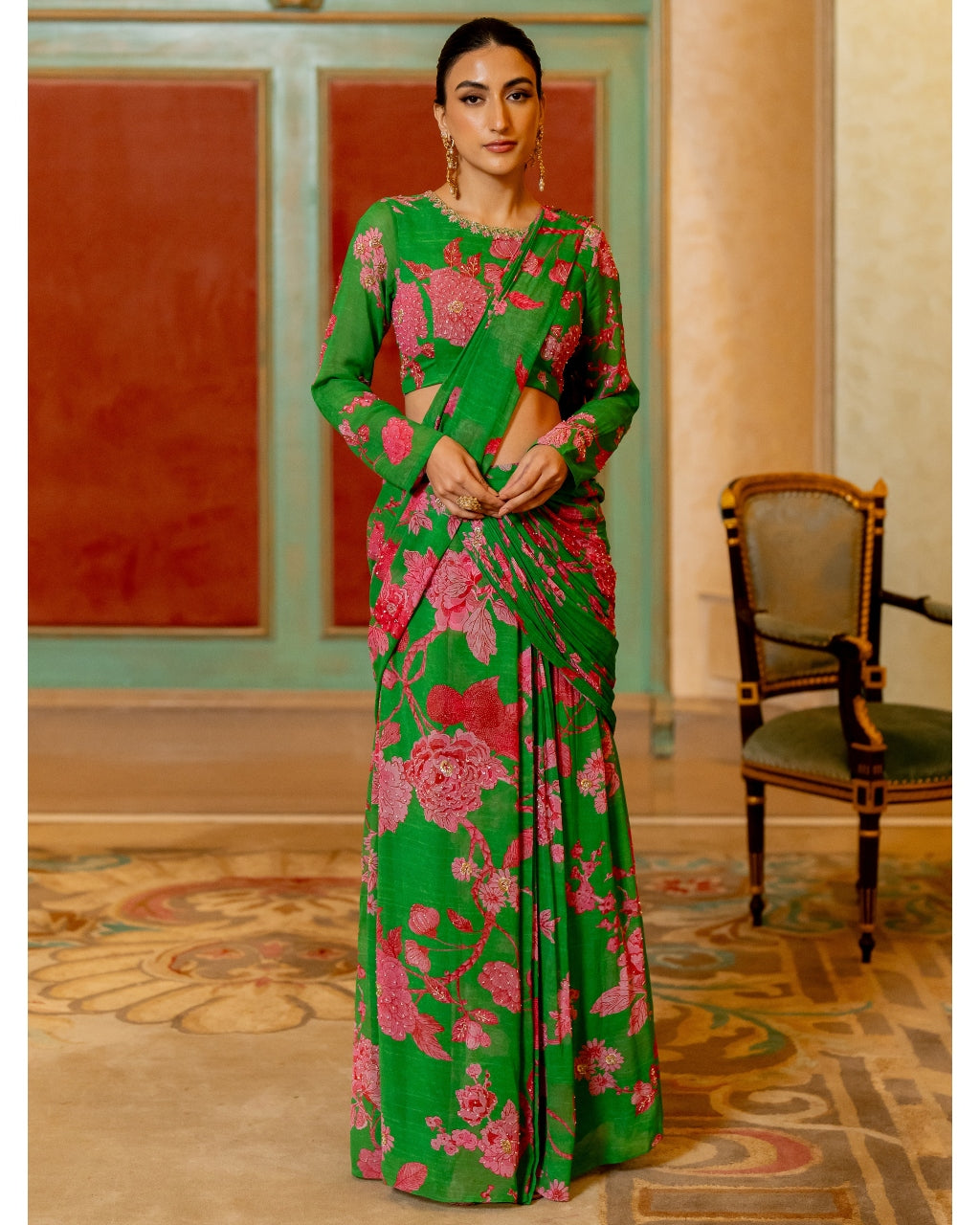 Green And Pink Floral Printed Pre-Draped Sari Set