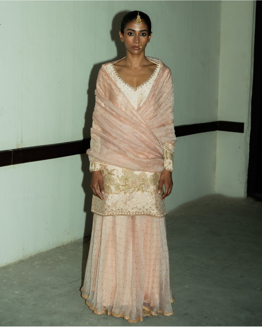 Blush Pink Embroidered Silk Tunic Sharara Set