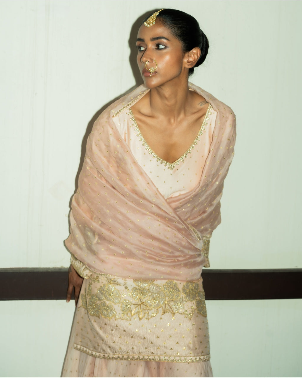 Blush Pink Embroidered Silk Tunic Sharara Set