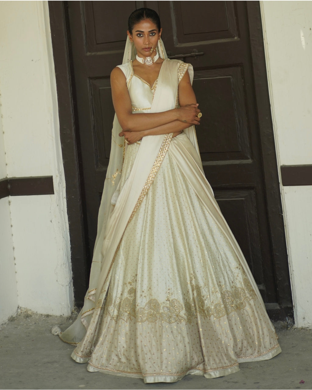 Ivory Embroidered Silk Bridal Lehenga Set