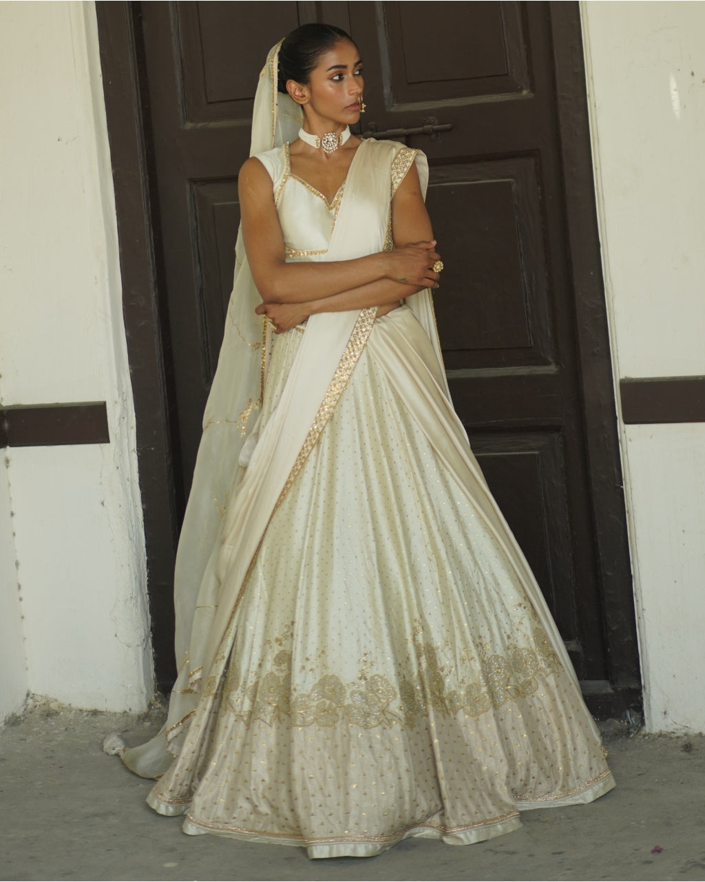 Ivory Embroidered Silk Bridal Lehenga Set