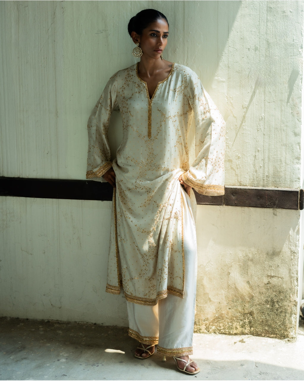 Ivory Embroidered Silk Tunic Set