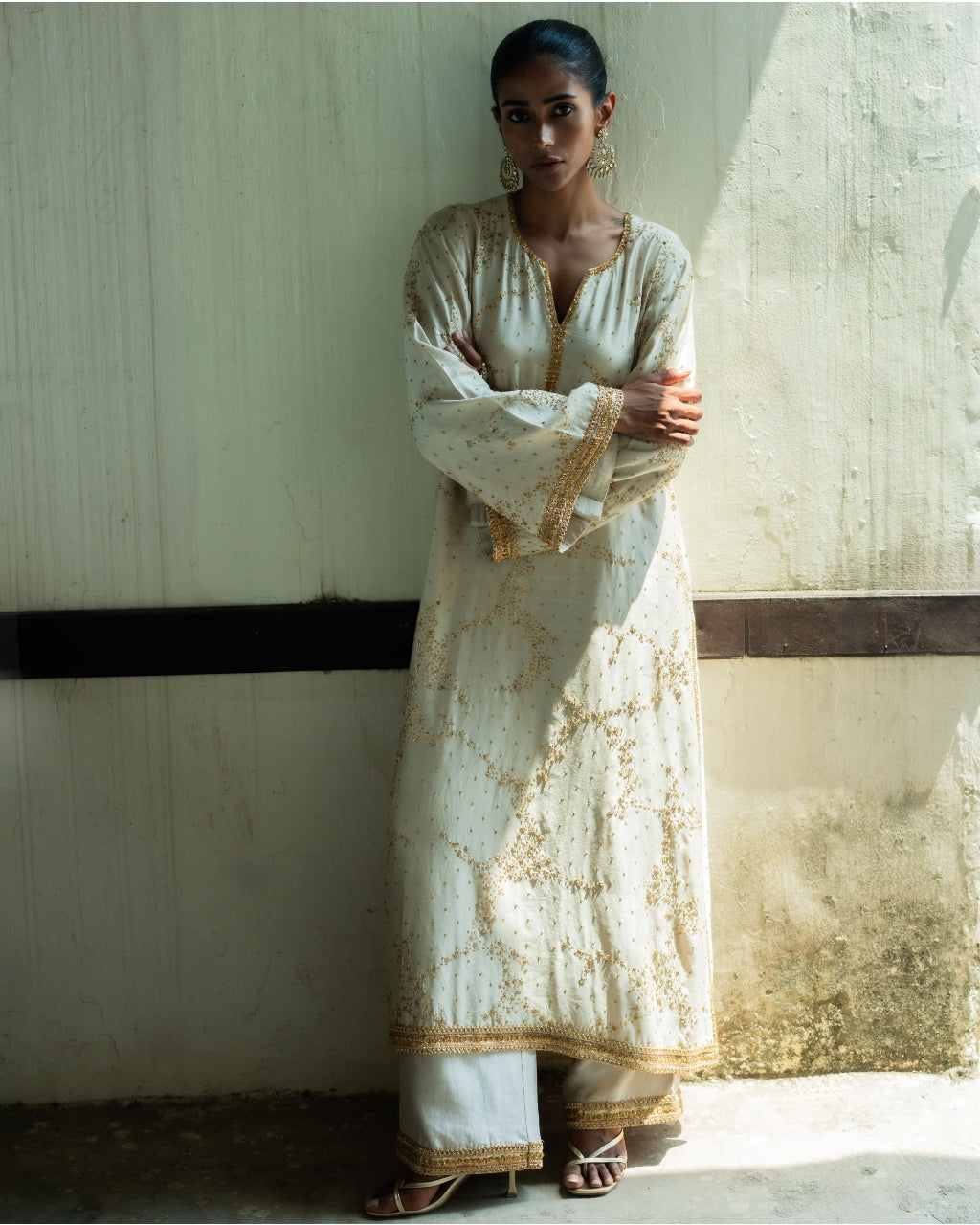 Ivory Embroidered Silk Tunic Set