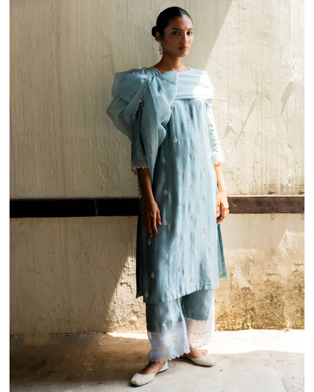 Frost Blue Embroidered Silk Tunic Set
