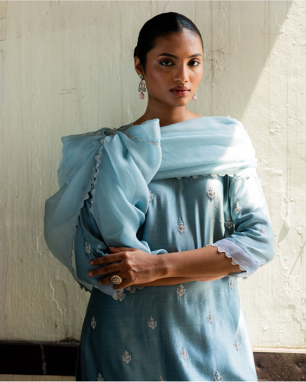 Frost Blue Embroidered Silk Tunic Set
