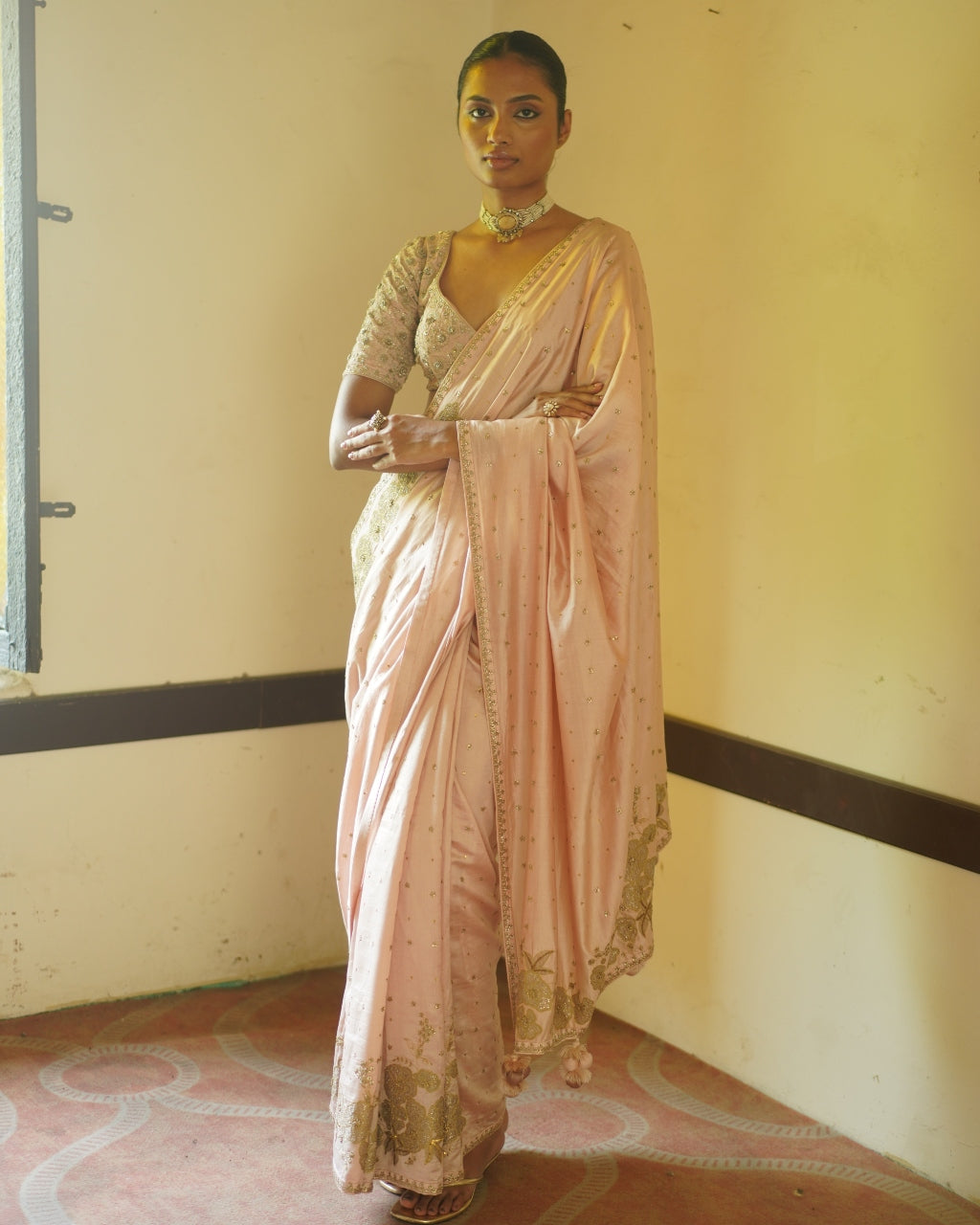 Blush Pink Embroidered Sari & Blouse Set