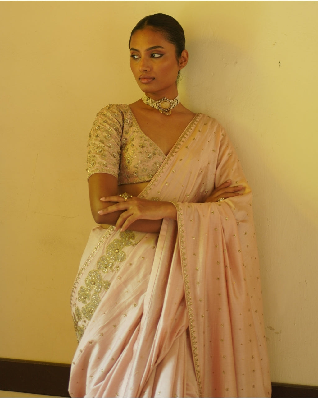 Blush Pink Embroidered Sari & Blouse Set