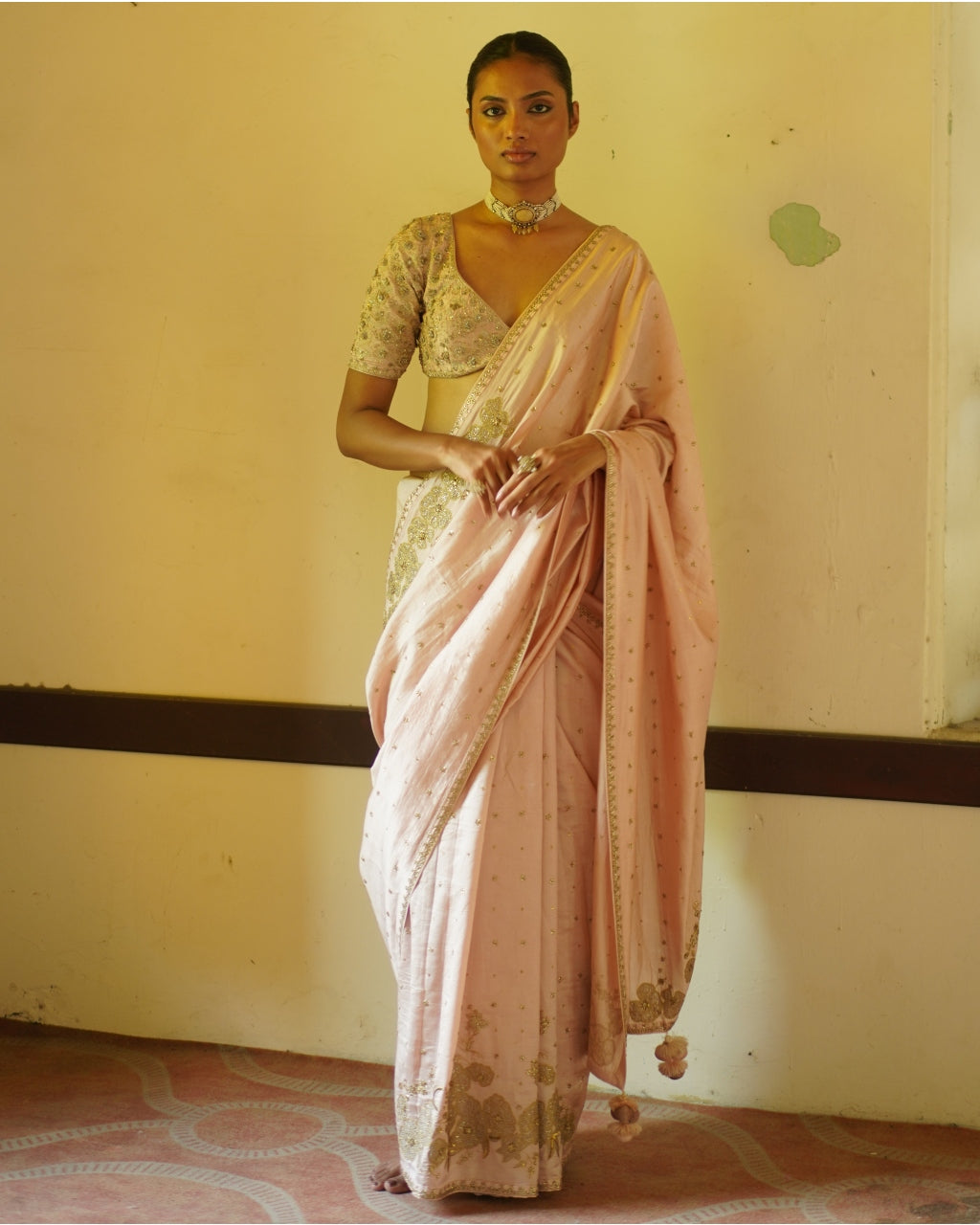 Blush Pink Embroidered Sari & Blouse Set
