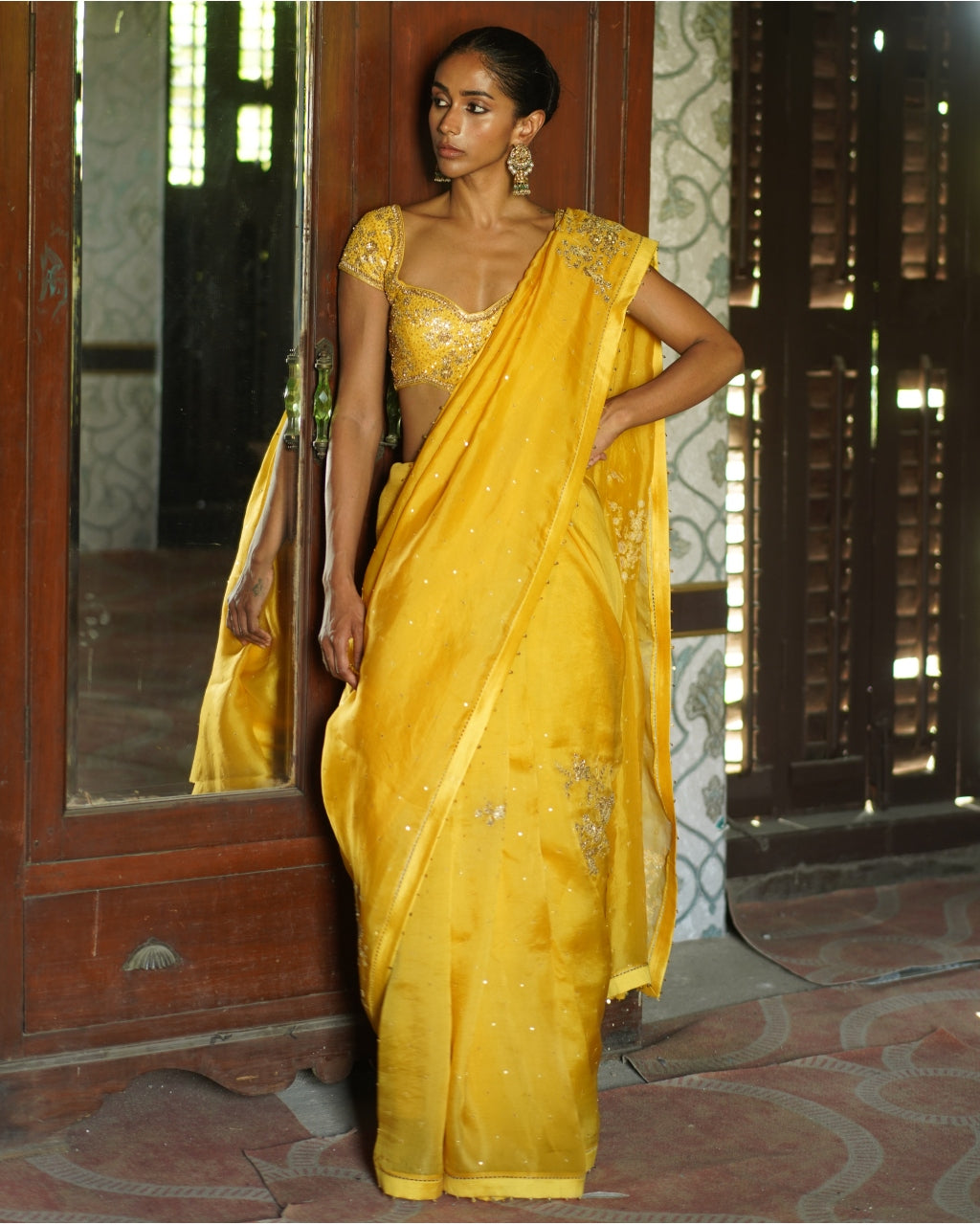 Mustard Yellow Embroidered Sari & Blouse Set