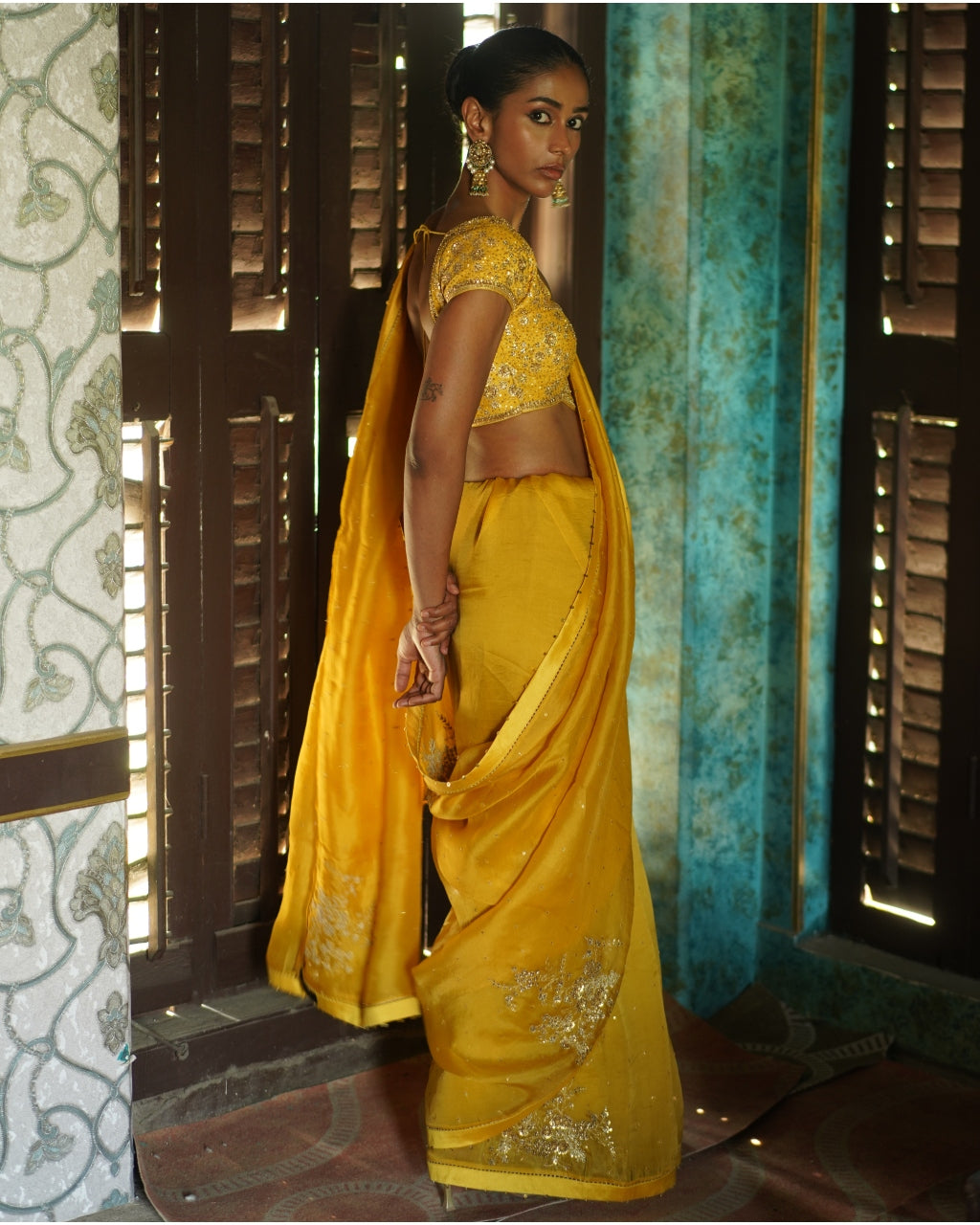 Mustard Yellow Embroidered Sari & Blouse Set