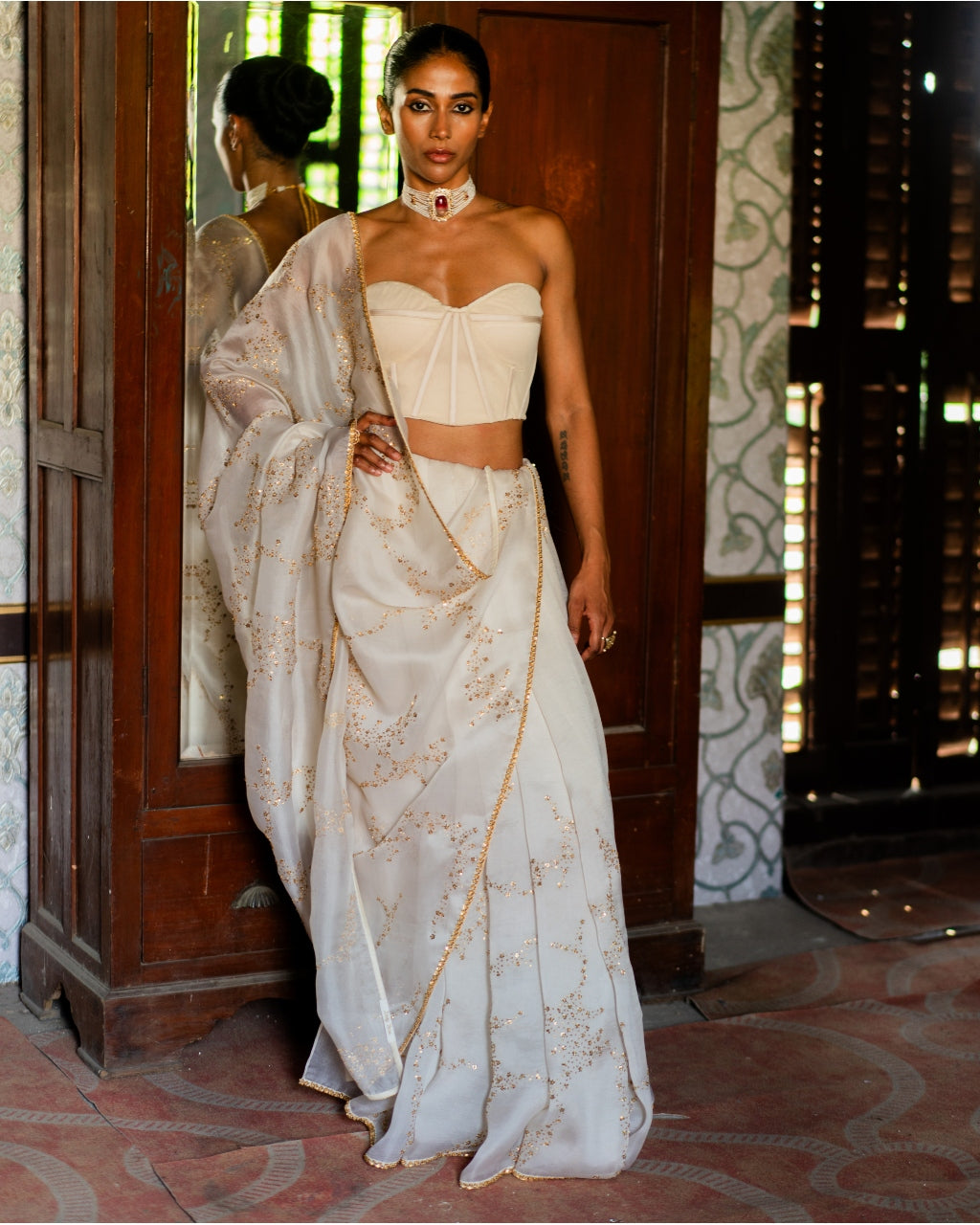 Ivory Silk Sari & Corset Blouse Set