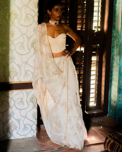 Ivory Silk Sari & Corset Blouse Set