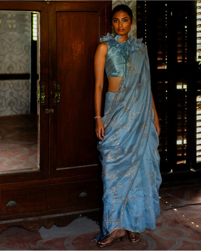 Powder Blue Silk Sari & Ruffle Blouse Set