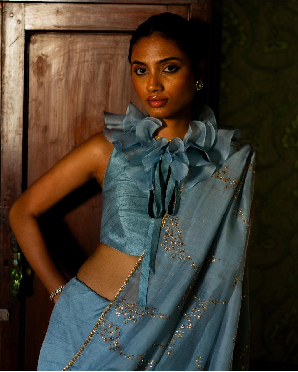 Powder Blue Silk Sari & Ruffle Blouse Set