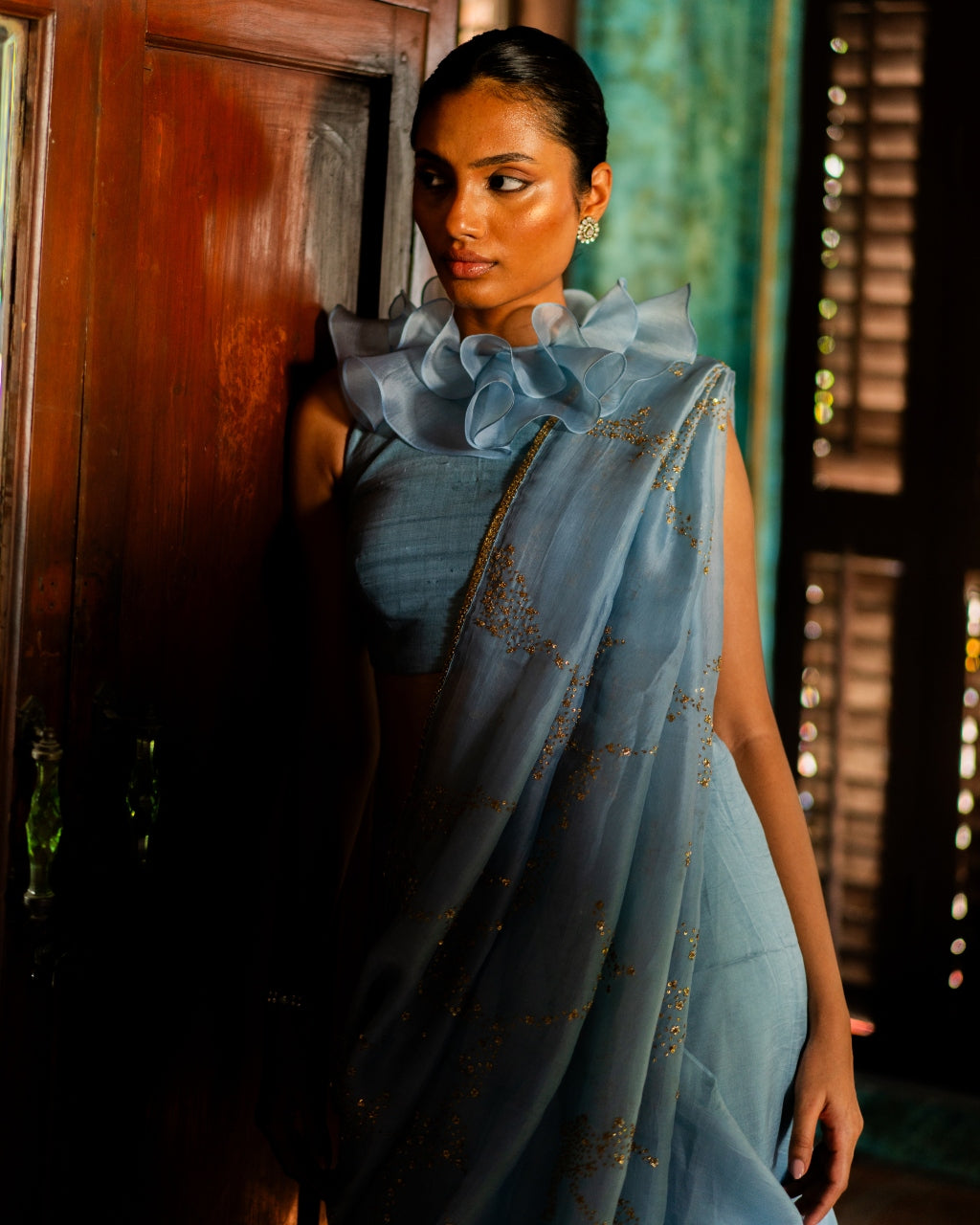 Powder Blue Silk Sari & Ruffle Blouse Set