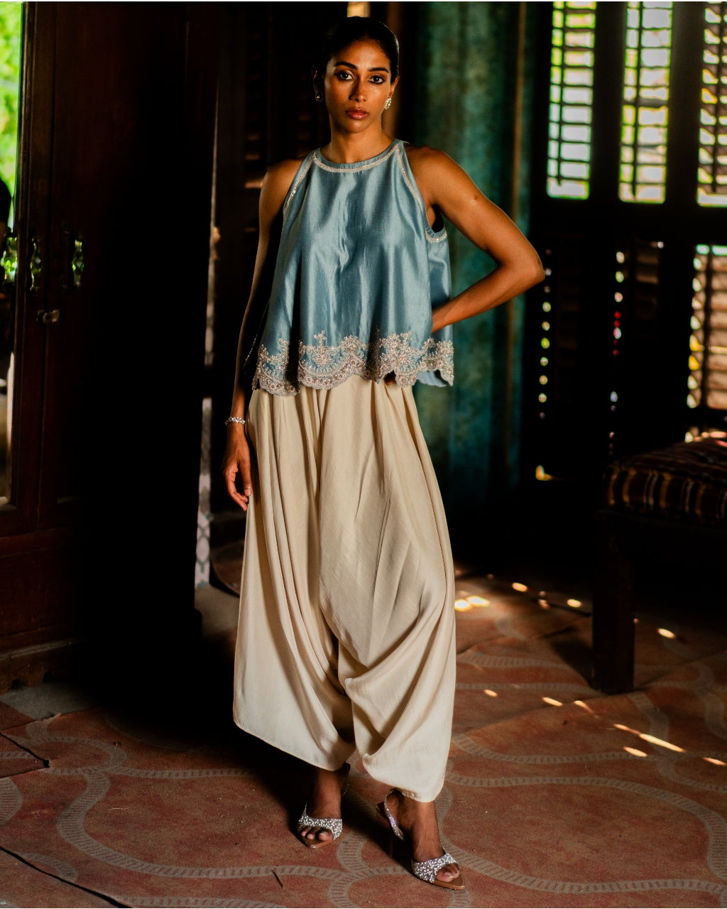 Embroidered Scallop Top & Cowl Pant Set