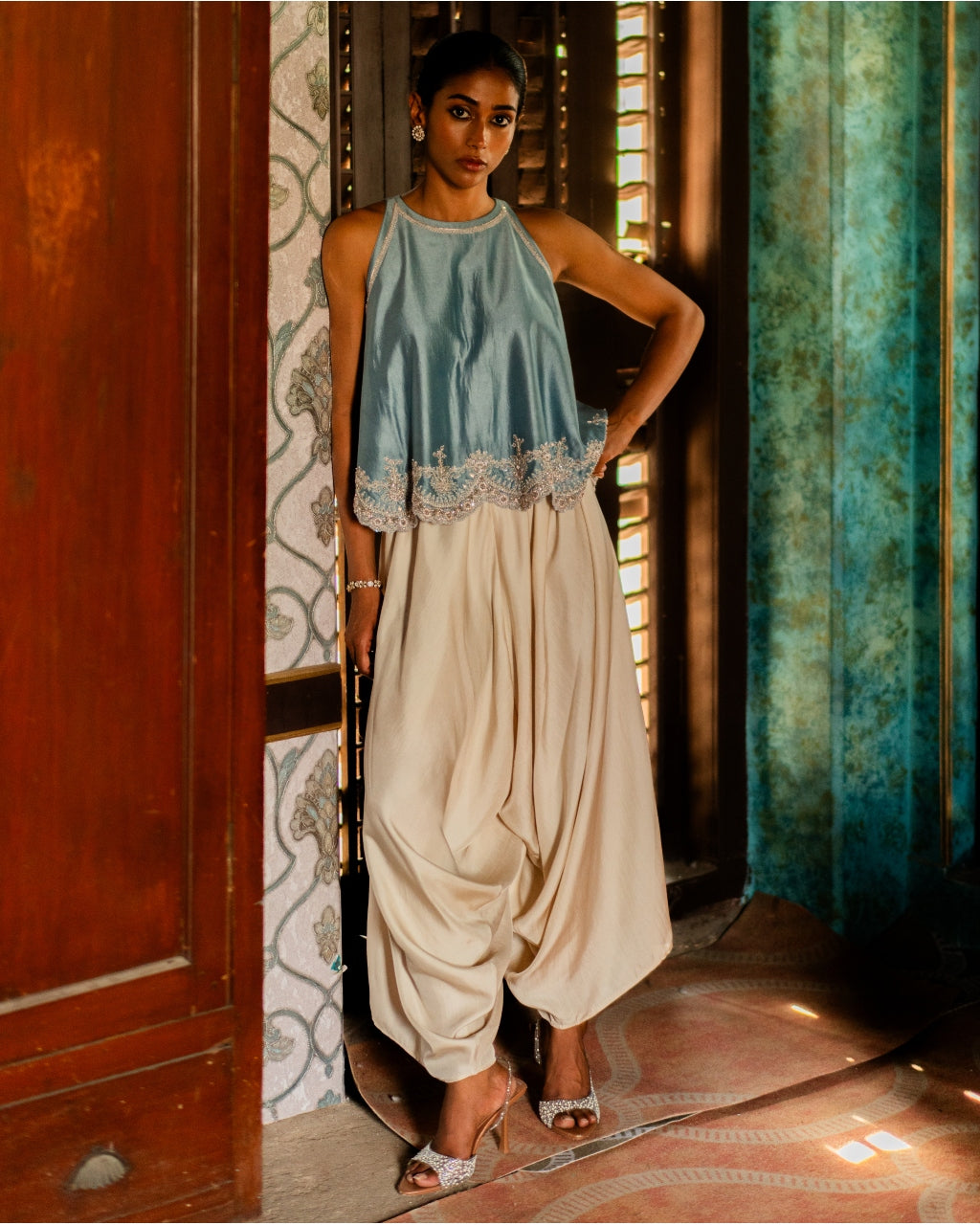 Embroidered Scallop Top & Cowl Pant Set