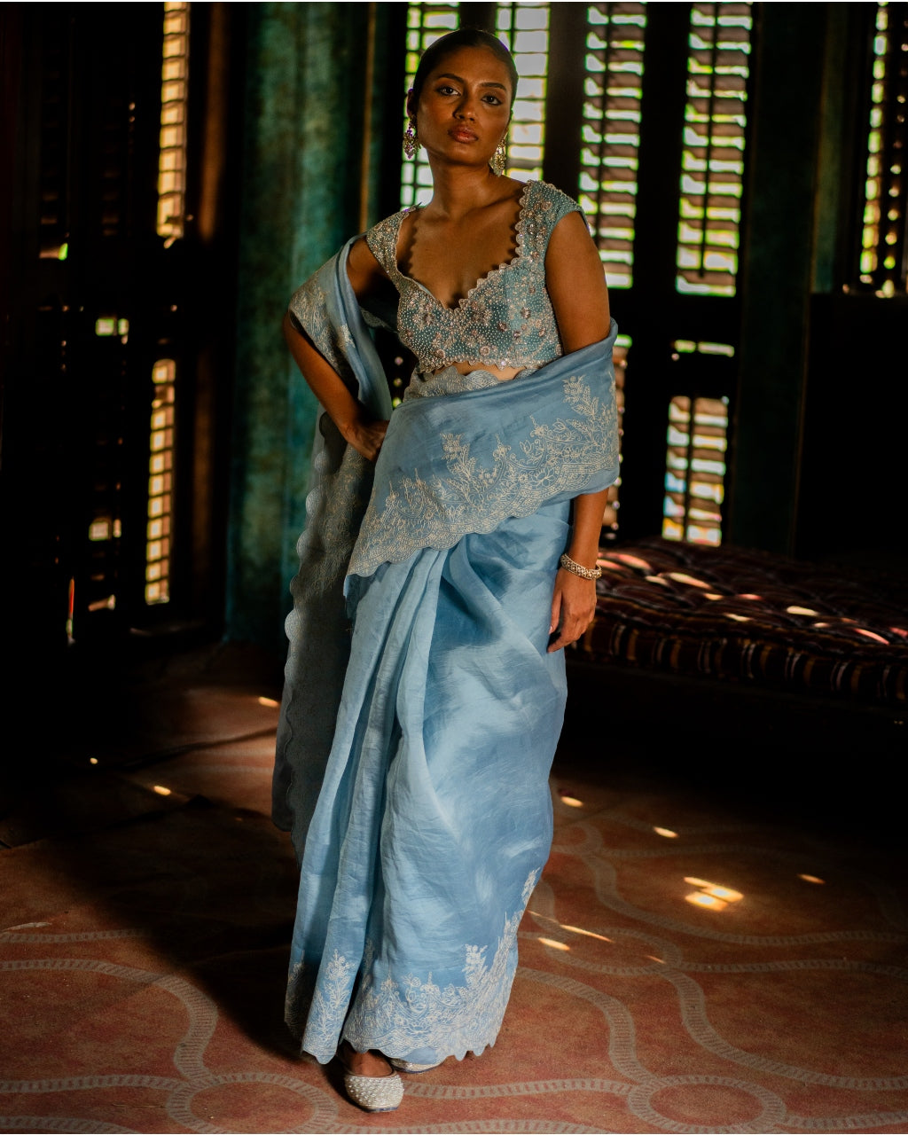Powder Blue Silk Sari & Embroidered Blouse Set