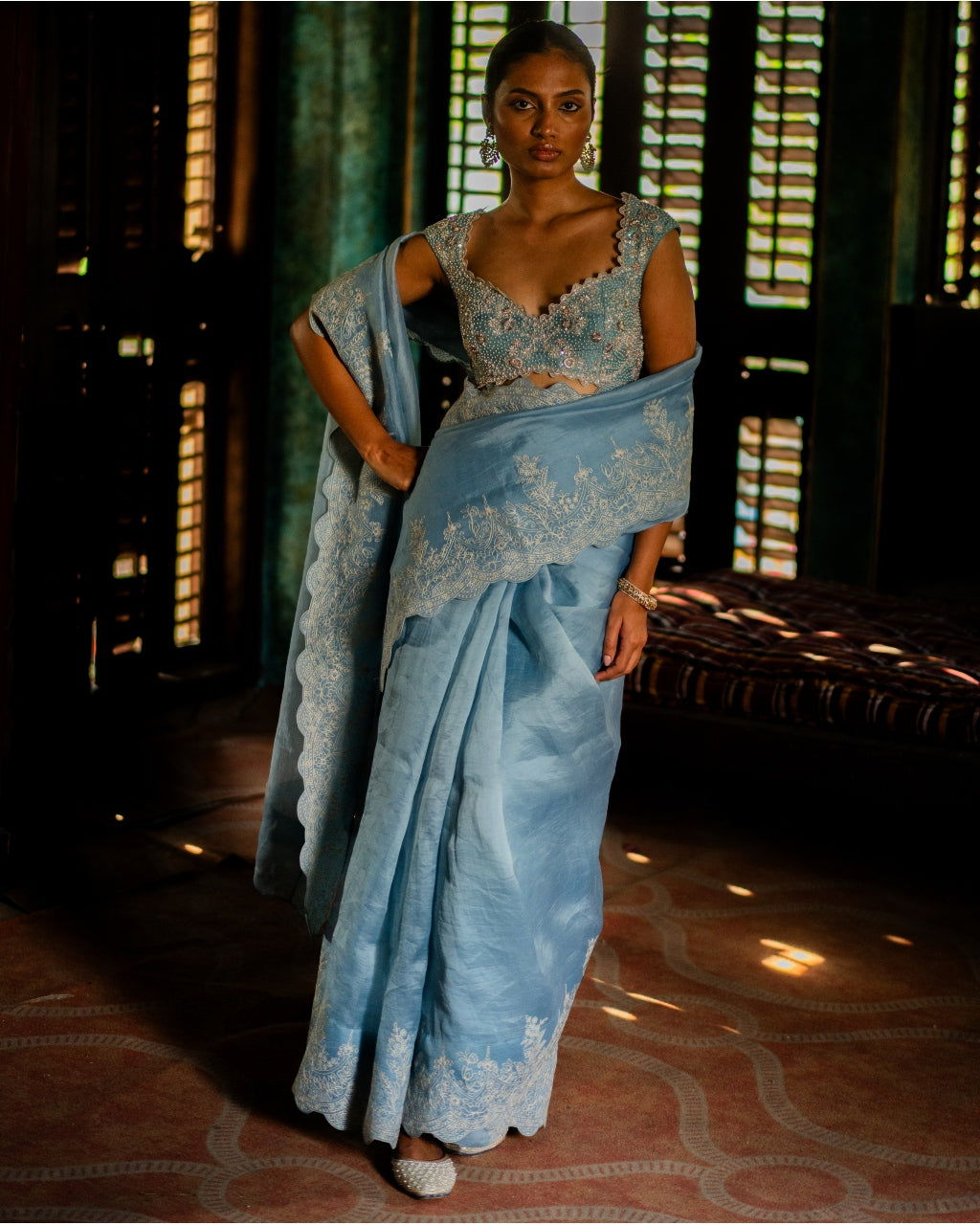 Powder Blue Silk Sari & Embroidered Blouse Set