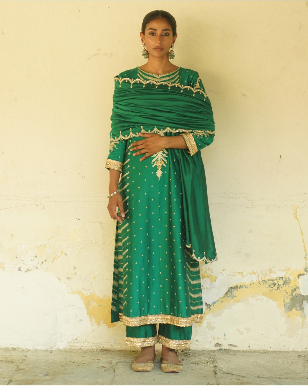Emerald Green Embroidered Silk Tunic Set