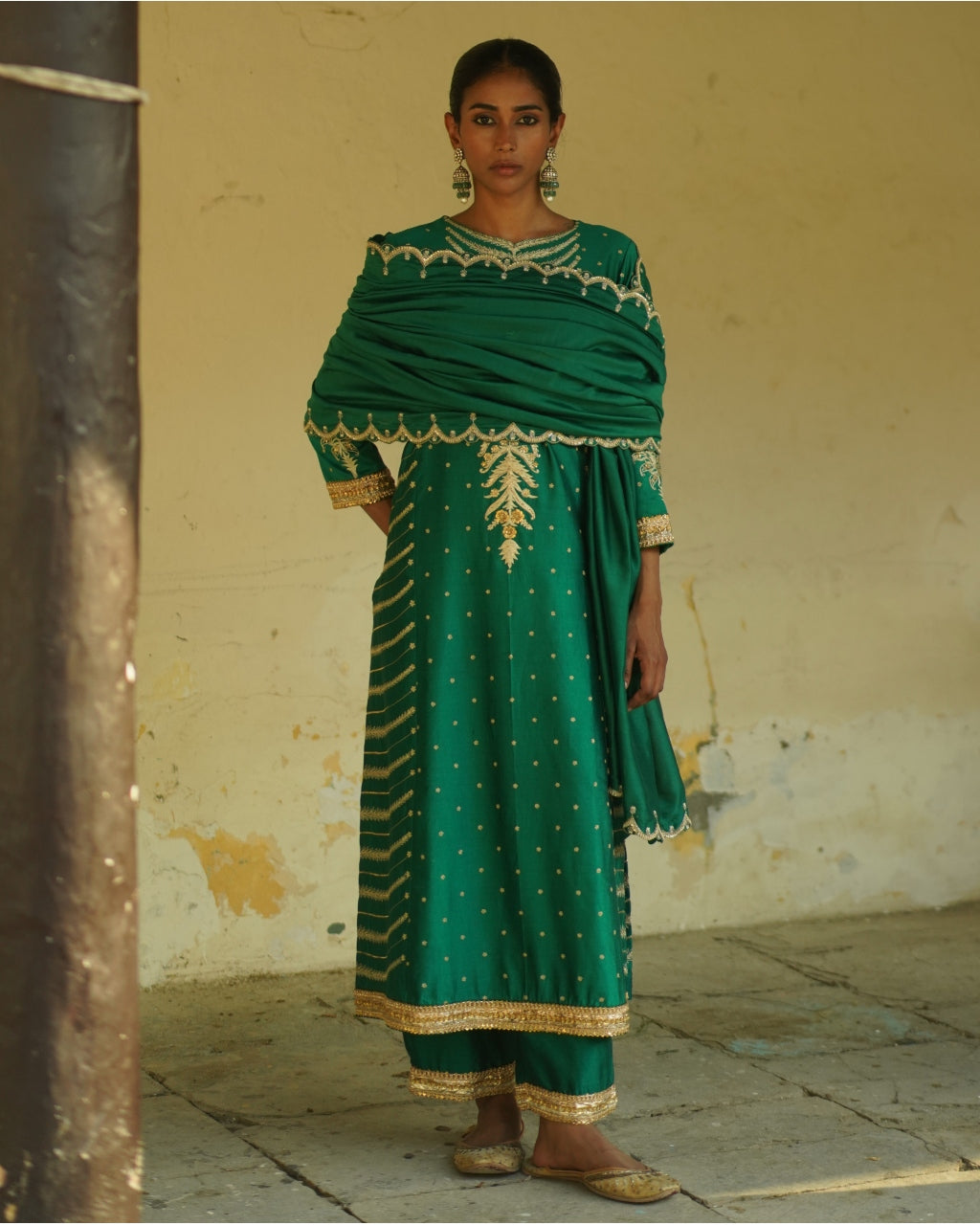 Emerald Green Embroidered Silk Tunic Set