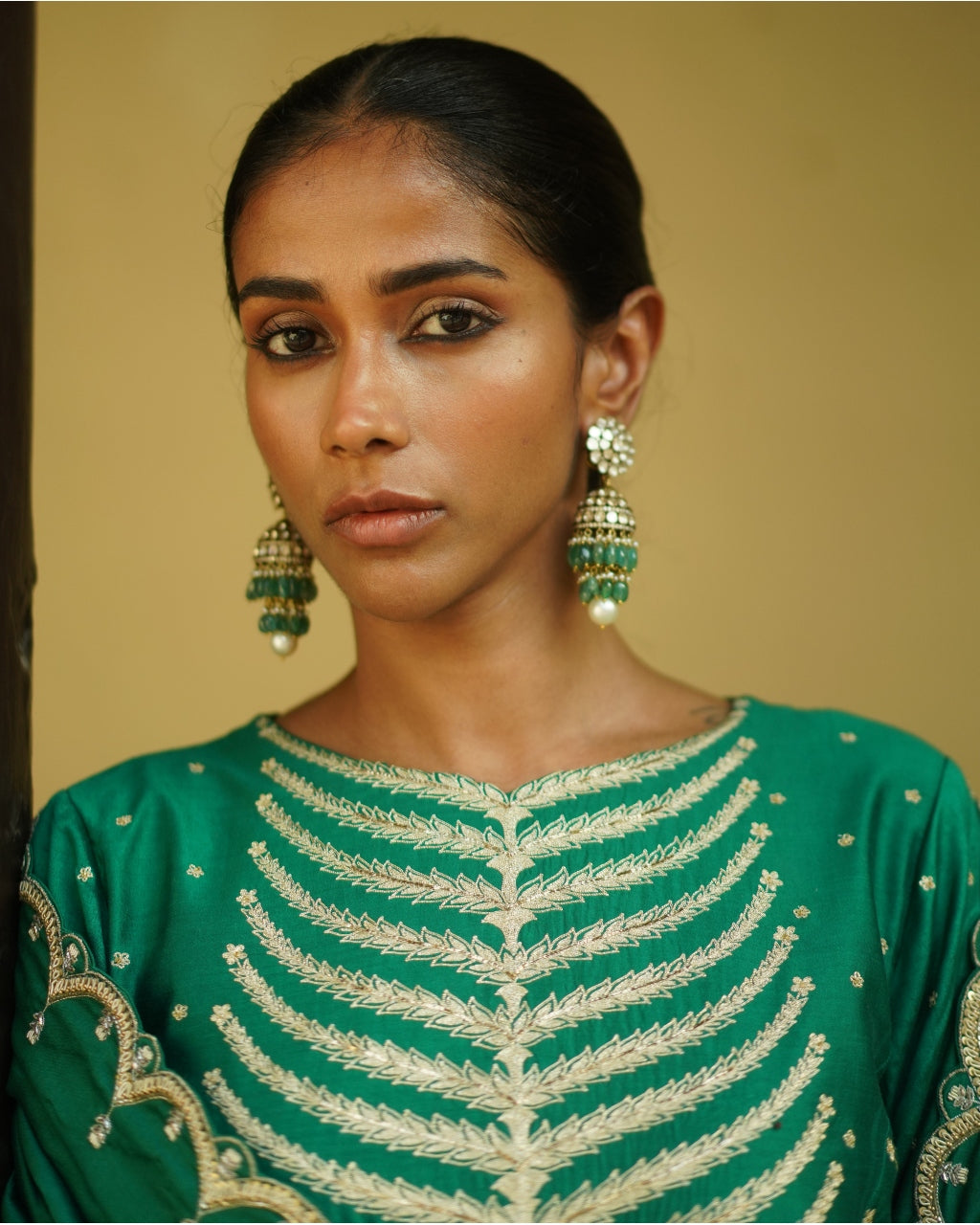 Emerald Green Embroidered Silk Tunic Set